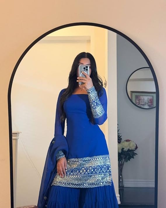 Image of Georgette Sharara Set with Embroidered Top, Royal Blue, 3-Piece Suit with Dupatta, Sequins and Cording Work