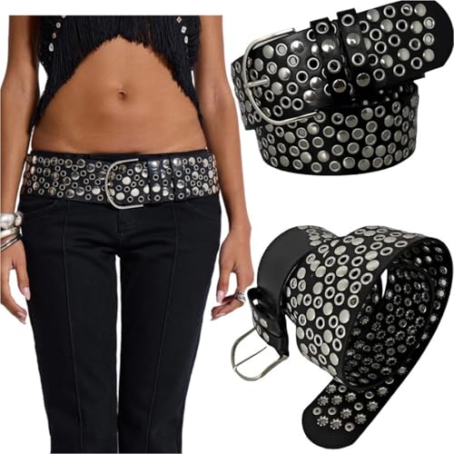 Punk Rivet Studded Belt with Full Studs for Men and Women Classical and Cool Designs Great for Street Wear Pants Decors, Black, 1102