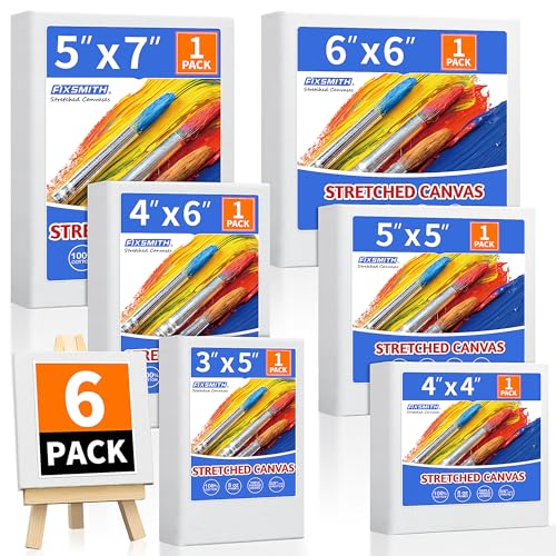 Image of FIXSMITH Stretched Canvas for Painting, 3 inchx5 inch, 4 inchx4 inch, 4 inchx6 inch, 5 inchx5 inch, 5 inchx7 inch, 6 inchx6 inch, Pack of 6, Pre-Primed Canvases Wood Framed, Blank White Canvas Boards for Acrylic, Oil and Gouache Painting