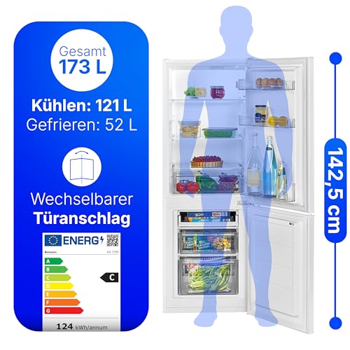 Bomann, KG7359 Réfrigérateur et Congélateur 173L Blanc - 121L Réfrigérateur, 52L Congélateur 4 Étoiles, Éclairage LED, Alarme d'Ouverture, Bac à Légumes, 3 Étagères en Verre, Économie d'Énergie – Image 3