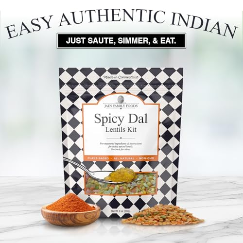 Image of Jain Family Foods - Spicy Dal Lentil Meal Kit | Authentic Indian DIY Spiced Yellow Curry | Makes 30 oz. | High Fiber, Plant-Based, Woman-Owned | Easy Steps, Stove or Instant Pot | 3 Servings