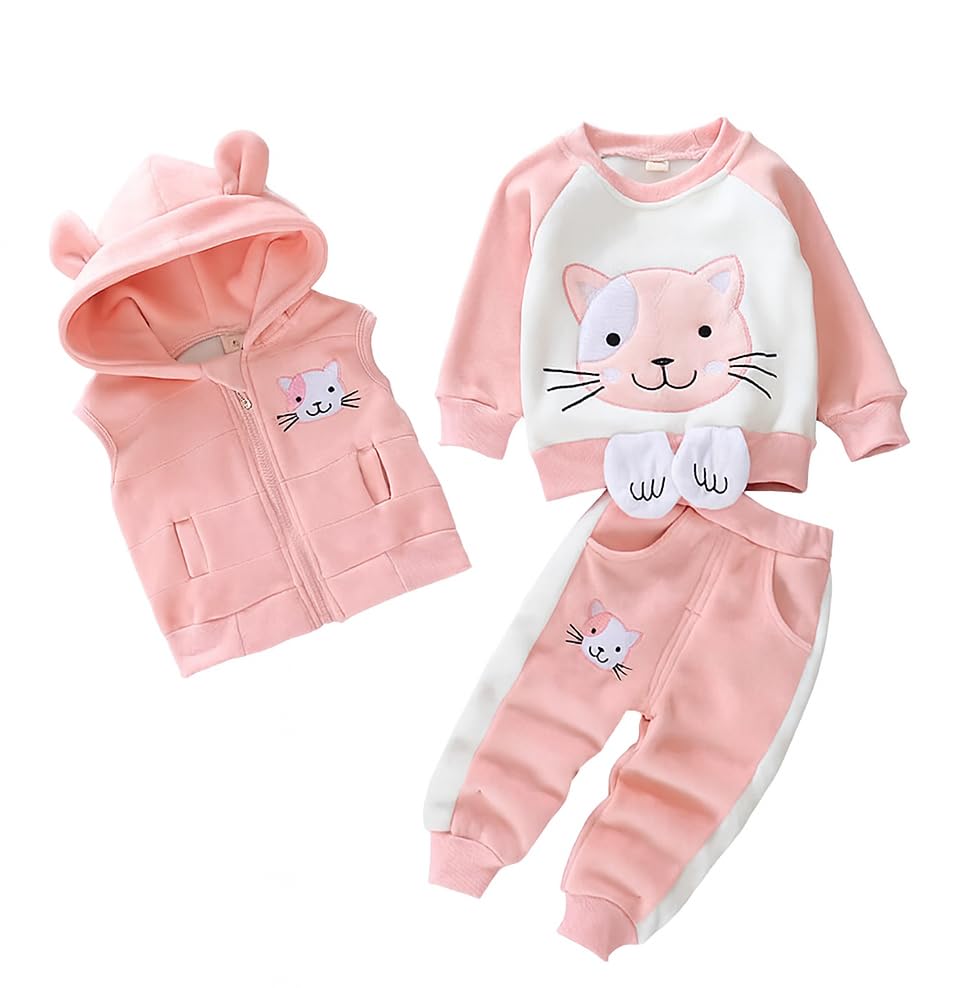 Image of Bold N Elegant Unisex Kids Fur Printed 3D Reindeer Cartoon Thick Winter Warm T-Shirt Pant With Hood Jacket 3 Pc Clothing Set