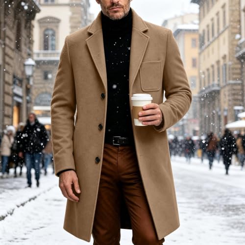 VBTAPA Winter Coat Trench Coat Men Slim Fit Mid Length Pea Coat Winter Overcoat Notched Collar Business Formal Casual Fall Long Jackets Khaki S - image 3