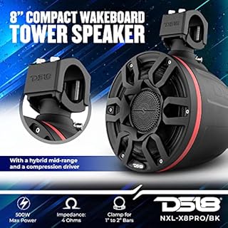 DS18 Hydro NXL-X8PRO/BK 8" Compact Wakeboard Tower Speakers with Hybrid Mid-Range & Compression Driver Loudspeaker, Integrated RGB LED Lights, 500 Watts, Speaker Cover Included – Pair