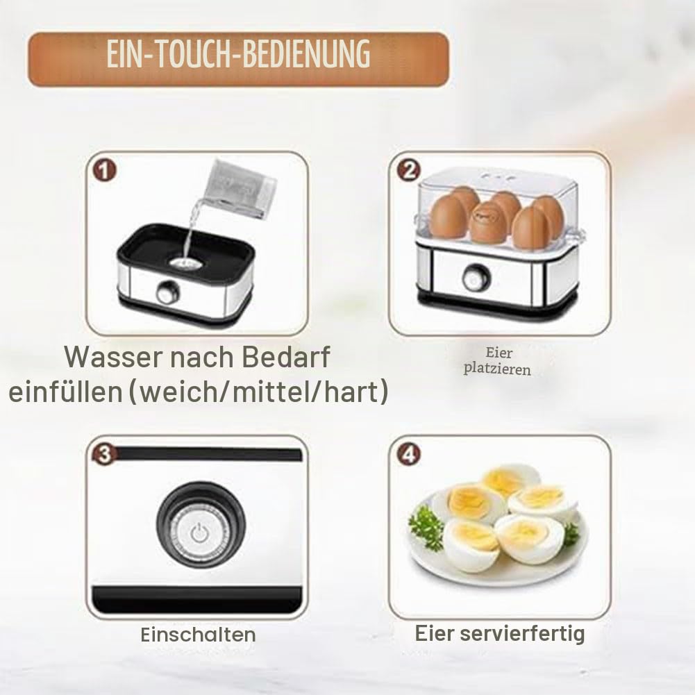6-in-1 Eierkocher aus Edelstahl, Eierkocher mit automatischer Abschaltung, 6 Eierkapazität, spülmaschinenfest, herausnehmbare Tabletts (europäische Vorschriften)