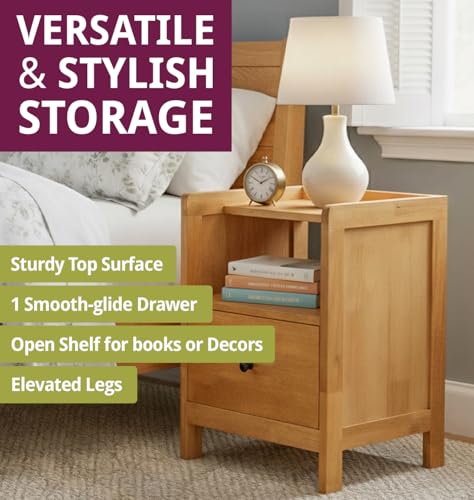 Hallowood Furniture Aston Bedside Table With Drawer And Shelf, Wooden Side Coffee Table With Storage, Nightstand, Small Bedside Cabinet, Light Oak Living Room Tables, Hallway Or Bedroom Furniture - 5