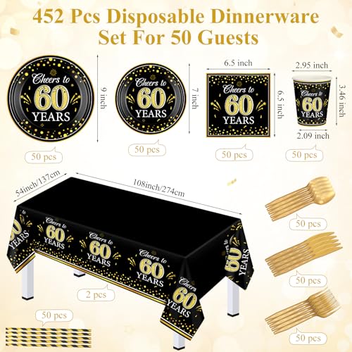 Image of Funnymoom 452 Pcs 60th Anniversary Party Decorations, Cheers to 60 Years Paper Plates Napkins Cups Tablecloth Cutlery Straws Disposable Tableware Set for 60th Birthday Party Supplies for 50 Guests