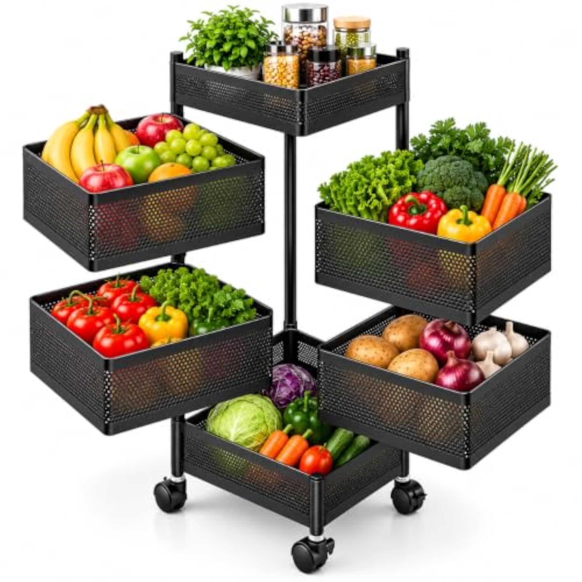Rotating Kitchen Trolley with Wheels, Metal Storage Rack for Vegetables