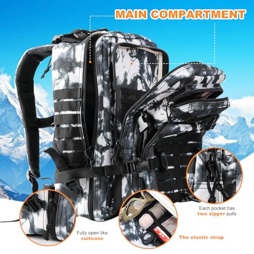 Image of Hannibal Tactical MOLLE Assault Backpack, Tactical Backpack Military Army Camping Rucksack, 3-Day Pack Trip w /USA Flag Patch, D-Rings, Black White camo