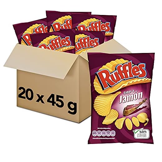Ruffles Jamón - Patatas Fritas Crujientes Sabor Jamón, Pack de 20 Bolsas de Patatillas Deliciosas, Onduladas e Irresistibles, Snack y Aperitivo, Total: 20 x 45g = 900 g