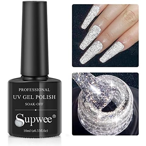 Supwee Reflektierender UV Glitzer-Gel-Nagellack Silber holografisch funkelnd Diamant-Gel-Nagellack Reflective Glitter Gel Nail Polish Gelnägel Farben Maniküre 10 ml (0,33 FL OZ) Cover