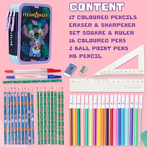 Piórnik Disney Stitch z artykułami papierniczymi dla dziewczynek Piórnik z wypełnieniem Frozen Przybory szkolne Kredki do kolorowania Kolorowe markery Prezenty Stitch dla dziewczynek (Stitch Triple Zip)
