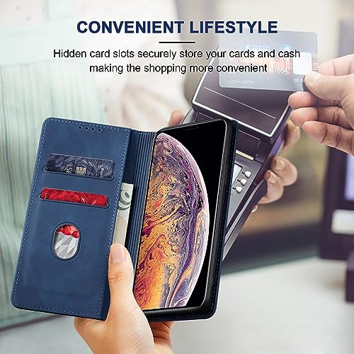 Image of Jasonyu Flip Wallet Case for iPhone Xs Max,Leather Magnetic Folio Cover with Card Holder,Kickstand - TPU Shockproof Durable Protective Phone Case,Blue