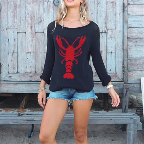 Women Long Sleeve Lobster Sweater Y2K Contrast Graphic Crewneck Oversized Knit Pullover Tops Vintage Fall Clothes2