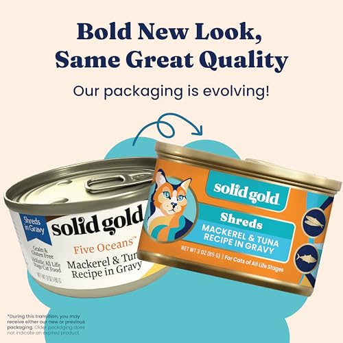 Image of Solid Gold Five Oceans Wet Cat Food Shreds in Gravy - 3 Count Sample Pack - Real Tuna & Mackerel Cat Food for All Ages - Grain Free, Sensitive Stomach