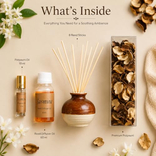 Image of AuraDecor Reed Diffuser Gift Set with Potpourri, Fragrance Oil & 6 Reed Sticks | Air Freshener for Living Room, Bedroom & Office | Decorative Aroma Diffuser Gift Set (Jasmine, X-Large)
