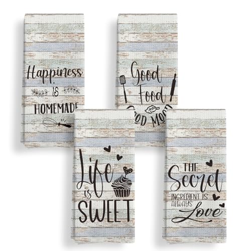 Qeheb Retro Farmhouse Kitchen Towels Set of 4, Happiness Kitchens