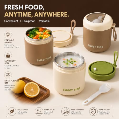 Image of Insulated Stainless Steel 1060ml Lunch Box with 350ml Tumbler | Leakproof Hot Cold Food Container | BPA-Free Cute Tiffin Box for Kids, School, Office, Travel, Picnic (Olive Ivory)