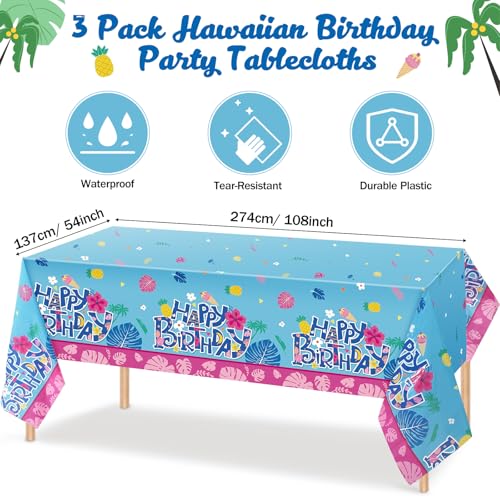 Image of Oudain 5 Pcs Cartoon Birthday Party Disposable Tablecloth Decoration Hawaiian Hibiscus Tropical Leaves Pattern Table Cloths 108'' x 54'' Luau Plastic Waterproof Rectangular Covers for Party (Blue)