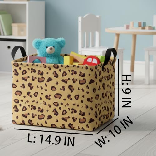 Image of Rectangular Cheetah Pattern Kids Basket Cute Storage Bin with Handles Room Decor (Khaki Leopard Print)