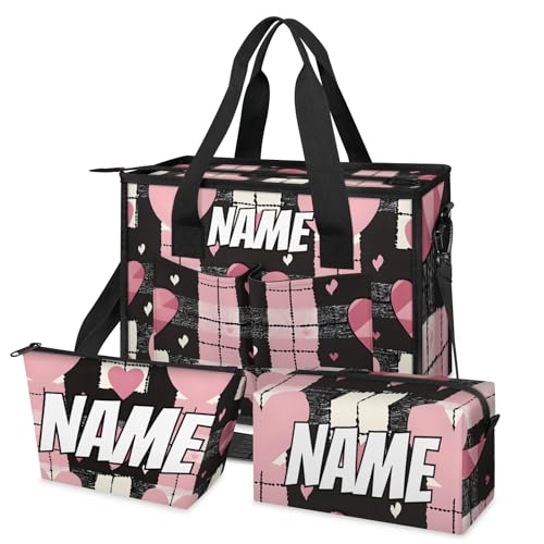 Custom Heart Shape Travel Duffle Bags for Women Weekender Overnight Black Pink Carry on Tote for Airplanes Business Hospital Gym with Toiletry Bag 3Pcs Set