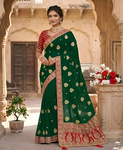 Image of Women's Bollywood Heavy Sequins Embroidery Work Georgette Saree with Unstitched Blouse
