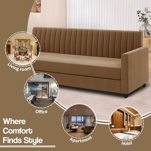 Image of 3+2 Fabric Sofa Set with Ottoman for Living Room | Modern Upholstered 5-Seater Couch | Soft Cushion, Premium Velvet Fabric-Golden