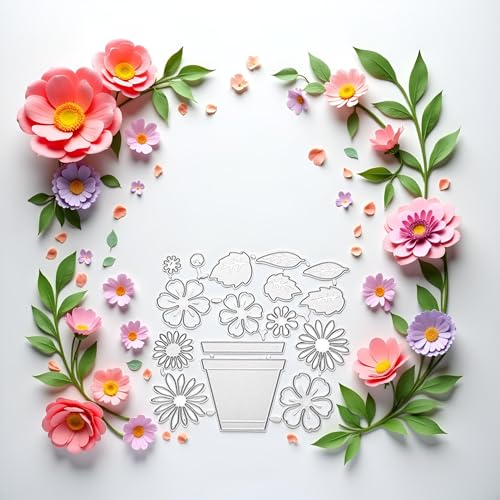Flower Metal Cutting Dies 3D Flower Leaf Die Cuts Flowerpot Background Frame Stencil Template for DIY Scrapbook Decoration Card Making Scrapbooking Die-Cuts Card Making Accessories