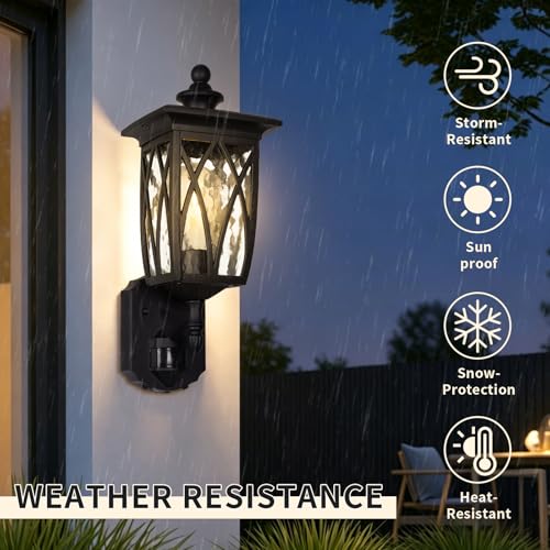 Image of JYO 17 inch Motion Sensor Outdoor Wall Light Fixtures, Anti-Rust Aluminum Wall Sconce with Water Ripple Glass & E26 Socket, Exterior Waterproof Wall Lantern for House Front Door, Porch, Garage(02-BK-MA)