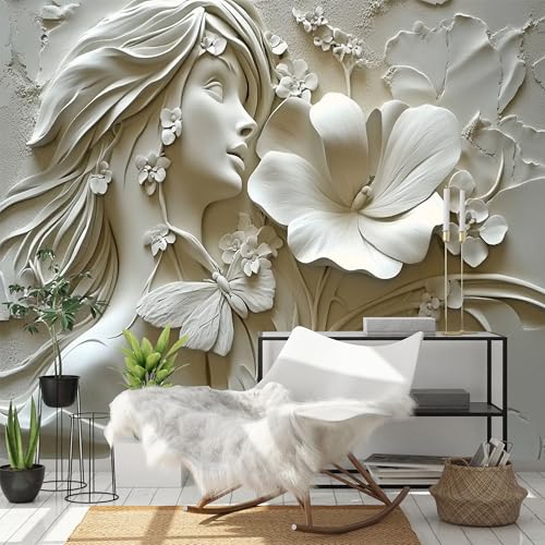Custom Size Wall Murals - Modern Simple Beauty Embossed Relief, Beauty Embossed Relief with Flowers - Self-Adhesive Removable Stick Wallpaper for Living Room