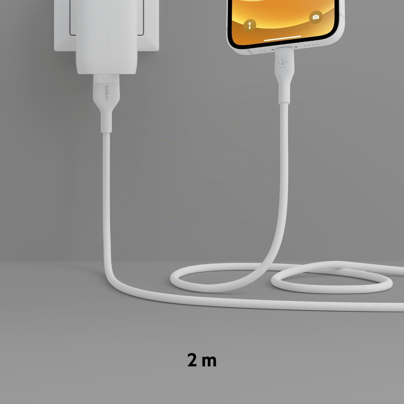 Belkin Cable de silicona USB-A a Lightning de 2 m BoostCharge Flex, Cable de Carga con Certificación MFi para iPhone 14/14 Plus, 13, 12, Pro, Max, Mini, SE, iPad y Otros, Blanco