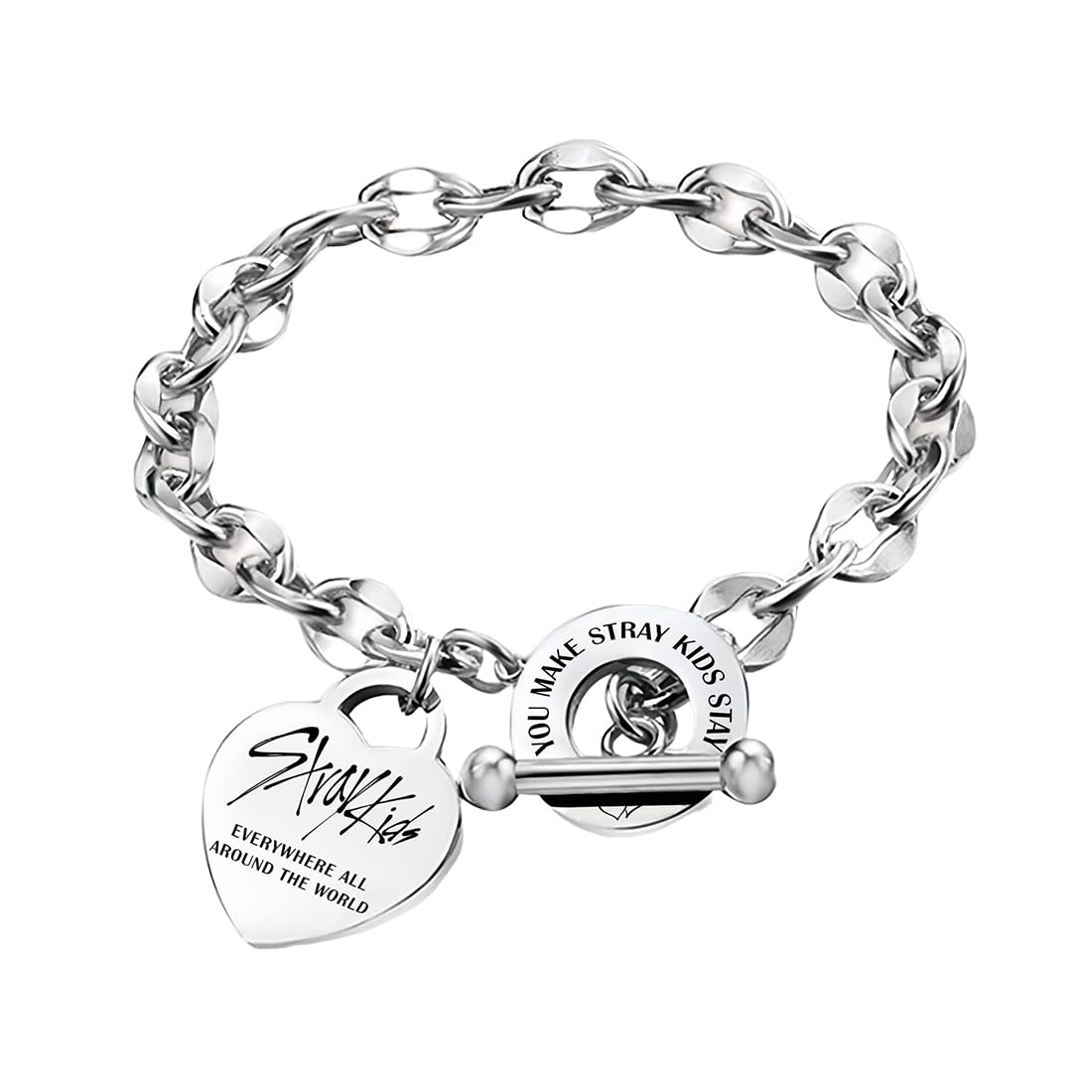 Stray Pulsera de Acero Inoxidable Stray, Pulsera Unisex de Plata, con Colgante de CorazóN, con 1 Pegatina SKZ y 2 Tarjetas SKZ Photocard