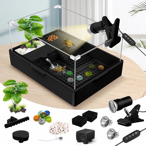 Image of GOZILLA Small Turtle Tank Kit+Water Pump+Lamp, Acrylic Turtle Tank Starter Kit with Adjustable 5W Water Pump and Timing /Dimming Lamp, Multi-Functional Area for Small Turtles(Black Kit).
