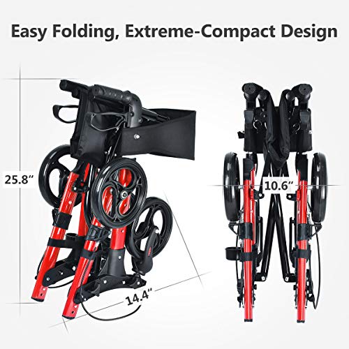 Health Line Massage Products Compact Rollator for Seniors, Aluminum Side-Fold Rolling Walker with Paded Seat, Cherry Red - Thumbnail 2