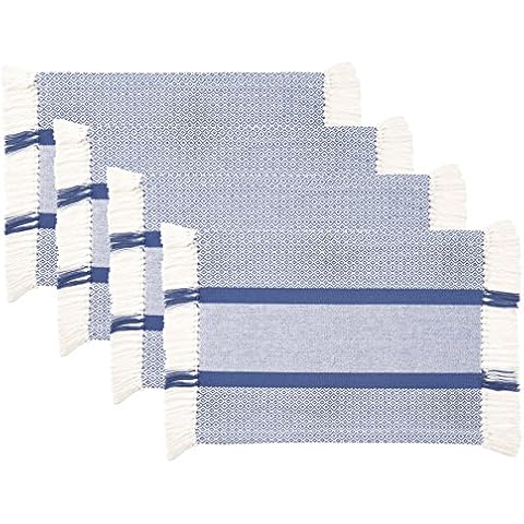 Placemats Set of 4, Woven Cloth Placemat Set, 14x19 in, Blue Boho Place Mats for Kitchen or Dining Table, Washable Cotton Table Mats Cover