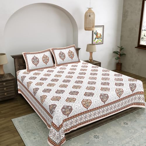 Image of Living Roots Jaipuri Hand Block Print Double Cotton Bedsheet & 2 Pillow Covers, for Mattress Upto 8 inches Thick, No Colour Bleeding, Beige Colour, Super King Size 96 * 104 inches, 150TC (578-B)