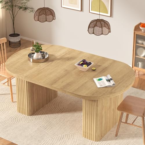 70.9 Inch Oval Dining Table for 4 6 People, Large Kitchen Table with Thick Sturdy Wood Strip Base, Modern Farmhouse Dining Room Tables for Kitchen Living Room,Fluted Mid Century Dinner Table,Oak