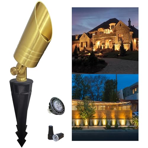 MALORY Brass Outdoor Spot Lights,12V Low Voltage Landscape Lighting,Waterproof Outdoor LED Spotlights with Bulb for Yard,Garden,Lawn,Tree (1-Pack with