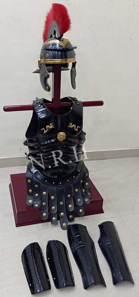 Medieval Black Roman Centurion Helmet Red Plume Armor Jacket & Spartan Shield Armor Leg/Arm Guards Halloween Costume