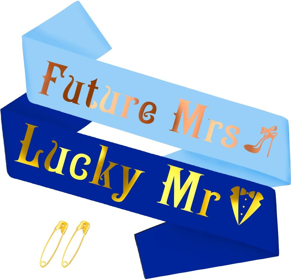 2Pcs Future Mrs & Lucky Mr - Bride to Be Sash and Groom to Be Sash Kit,Gold Glitter Bachelorette & Bachelor Soft Satin Sashs for Wedding Bridal Shower Engagement Party Decorations Gifts (Blue)