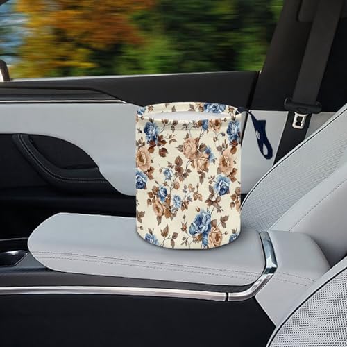 Image of Retro Flower Print Cat Car Garbage Can Small Trash Can with Leak Proof Inside Liner and Hanging Strap Car Organizer Portable for Road Trip