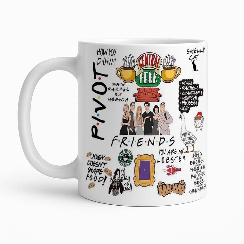 Image of Friends TV Show All-Over Quote and Character Icons Themed Ceramic Coffee Mug, 11oz (330ml), Featuring Central Perk, Pivot! and Joey Doesn't Share Food! Quotes, Ideal for Die-Hard Fans