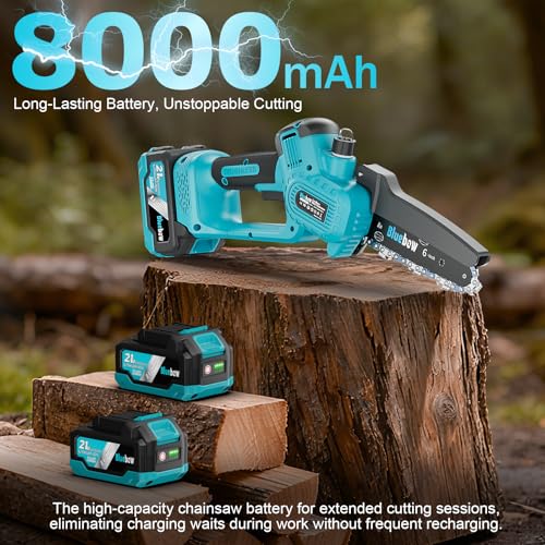 Nahaufnahme des 8000mAh Akkus der Bluebow Kettensäge - Detailansicht von Bluebow Mini Akku Kettensäge 6" Test 2026 –...