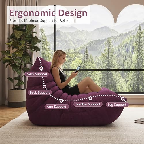 Image of Giant Bean Bag Chair for Adults,Comfy Single Floor Fireside Chair with Memory Foam,Cozy Accent Sofa Couch Boneless Chaise Loungefor Small Room Living Room Bedroom Gaming Room (Purple, Single)
