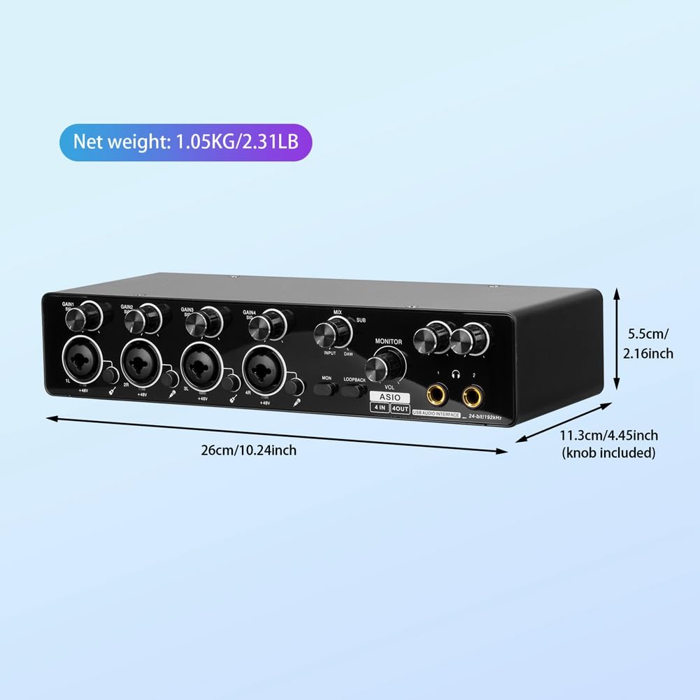 Interfaz de Audio USB Profesional de 4 Canales para Estudio, Grabación en, Tarjeta de Sonido, Preamplificador de Micrófono, Compatible con ASIO.