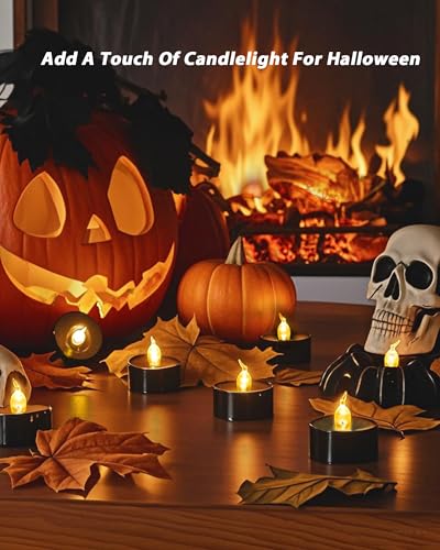 Image of Amagic 30 Pcs Black Flickering Flameless Tea Lights Battery Operated, LED Holiday Fake Candles, 200+ Hours Long Lasting Colored Candle for Halloween, Pumpkin, Ofrenda, Christmas, Party, Home Decor