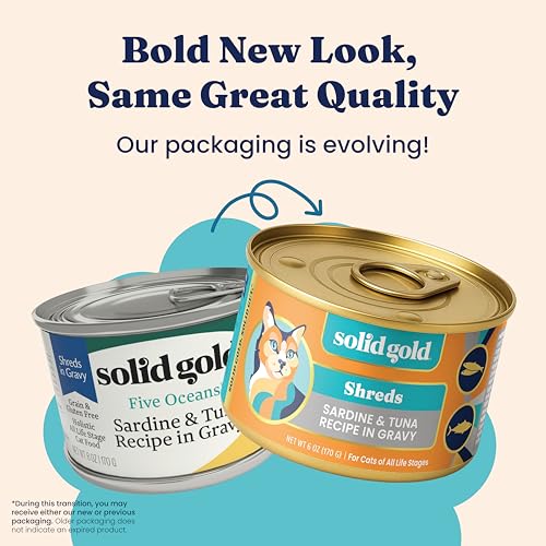 Image of Solid Gold Wet Cat Food Shreds in Gravy - Canned Cat Food Made w /Real Tuna & Sardine - Five Oceans Grain Free 16ct /6oz Can