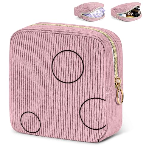 Image of Period Bag for Teen Girls - Shark Week Pouch - Corduroy Portable Sanitary Pad Bags - Holds 6-10 Pads - Pink