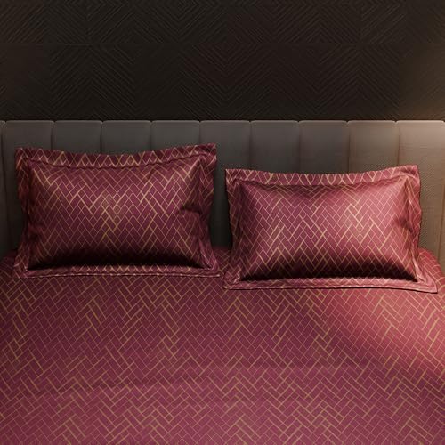 Image of Stoa Paris 300TC UltraSatin Double Fitted Bedsheet Set with 2 Pillow Covers, Gentle on Skin & Hair, Wrinkle & Fade Resistant, Home Decor, Gift for Couple, Starlit Night - Wine (152cmx198cm+30cm)