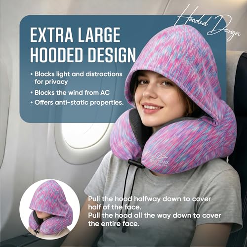 Image of SkytraxComf Travel Neck Pillow with Hood for Privacy on Long Flights | Memory Foam | Airplane Sleep | Safety-Tested Materials | Extra Large Hood | Chin Support | Earplugs | Washable Cover